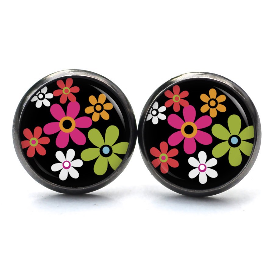 Ohrstecker, Ohrhänger, Clipse & Druckknopf – Motiv Flower Power Blumen schwarz – Schmuck aus Edelstahl Ohrstecker, Ohrhänger, Clipse & Druckknopf - Motiv Flower Power Blumen schwarz - Schmuck aus Edelstahl