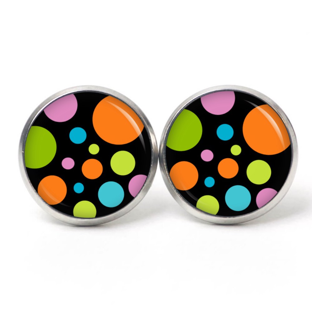 Ohrstecker, Ohrhänger, Clipse & Druckknopf – Motiv Retro Punkte bunt – Schmuck aus Edelstahl Ohrstecker, Ohrhänger, Clipse & Druckknopf - Motiv Retro Punkte bunt - Schmuck aus Edelstahl
