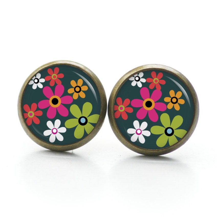 Ohrstecker, Ohrhänger, Clipse & Druckknopf – Motiv Flower Power Blumen dunkelgrün – Schmuck aus Edelstahl Ohrstecker, Ohrhänger, Clipse & Druckknopf – Motiv Flower Power Blumen dunkelgrün – Schmuck aus Edelstahl