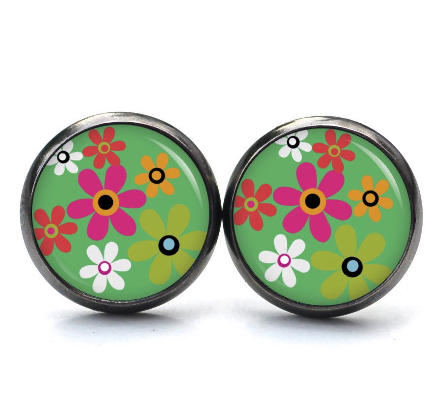 Ohrstecker, Ohrhänger, Clipse & Druckknopf – Motiv Flower Power Blumen grün – Schmuck aus Edelstahl Ohrstecker, Ohrhänger, Clipse & Druckknopf – Motiv Flower Power Blumen grün – Schmuck aus Edelstahl