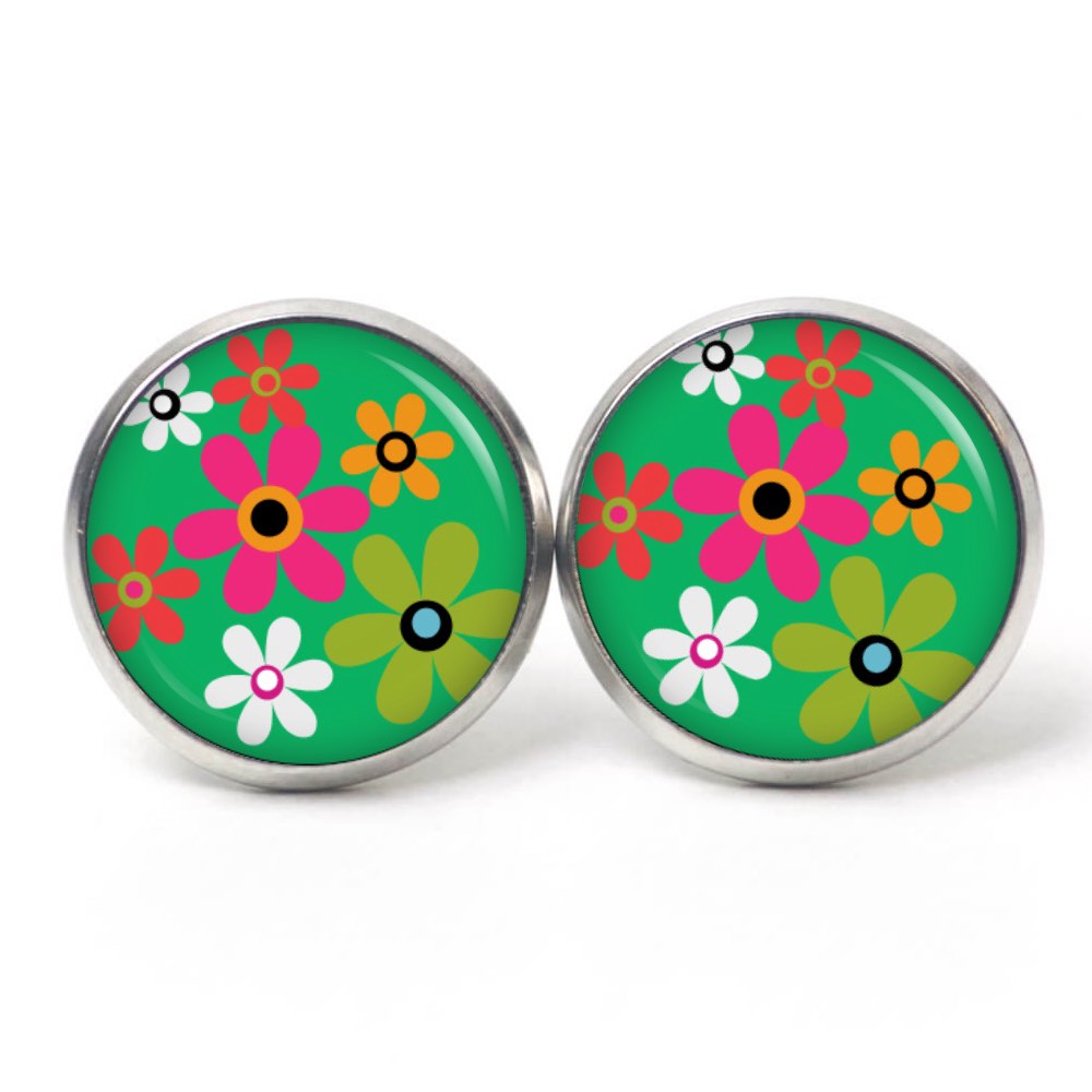 Ohrstecker, Ohrhänger, Clipse & Druckknopf – Motiv Flower Power Blumen grün – Schmuck aus Edelstahl Ohrstecker, Ohrhänger, Clipse & Druckknopf – Motiv Flower Power Blumen grün – Schmuck aus Edelstahl