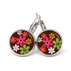 Ohrstecker, Ohrhänger, Clipse & Druckknopf – Motiv Hippie Blumen bunt mit braun – Schmuck aus Edelstahl Ohrstecker, Ohrhänger, Clipse & Druckknopf – Motiv Hippie Blumen bunt mit braun – Schmuck aus Edelstahl