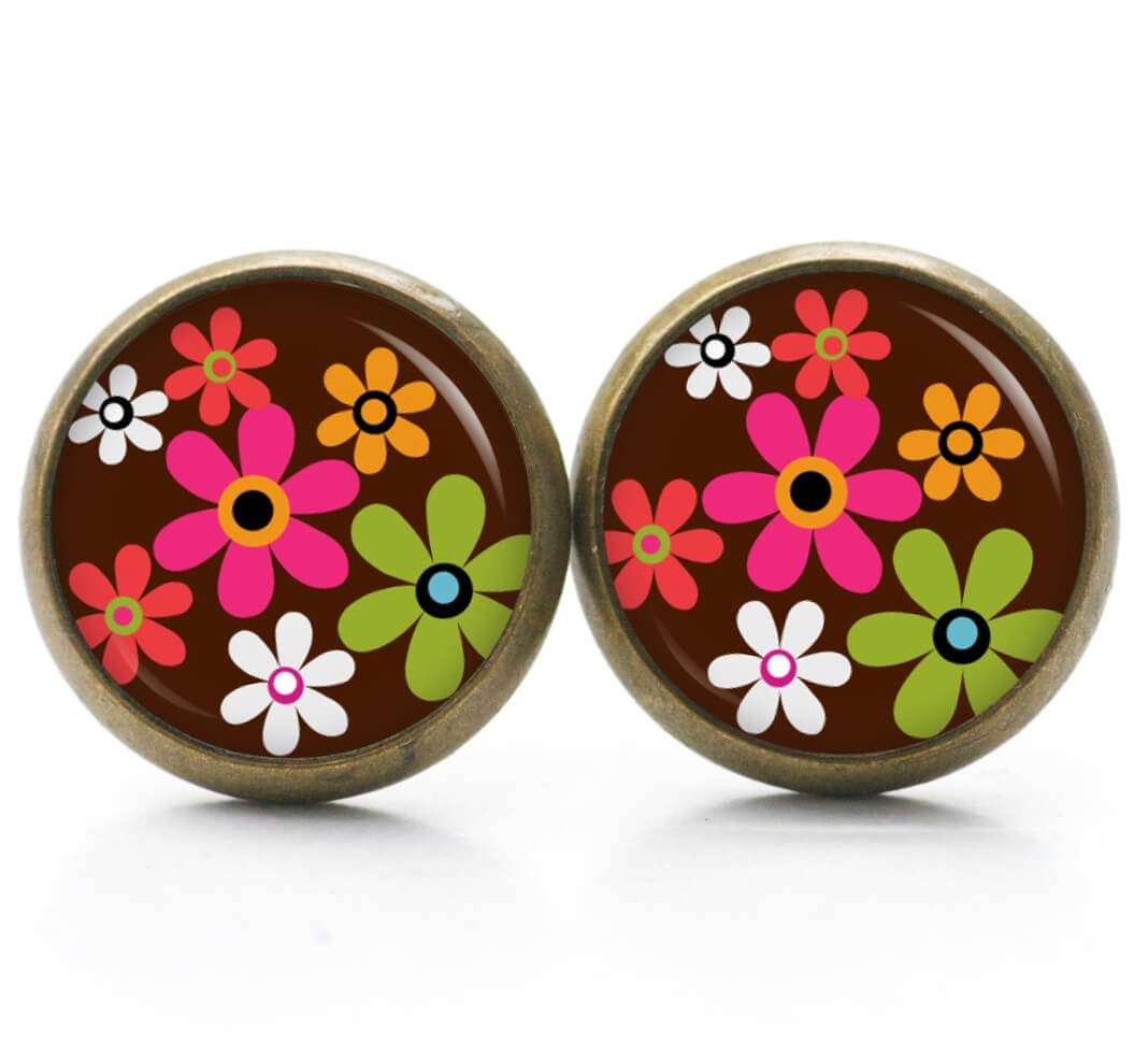 Ohrstecker, Ohrhänger, Clipse & Druckknopf – Motiv Hippie Blumen bunt mit braun – Schmuck aus Edelstahl Ohrstecker, Ohrhänger, Clipse & Druckknopf – Motiv Hippie Blumen bunt mit braun – Schmuck aus Edelstahl