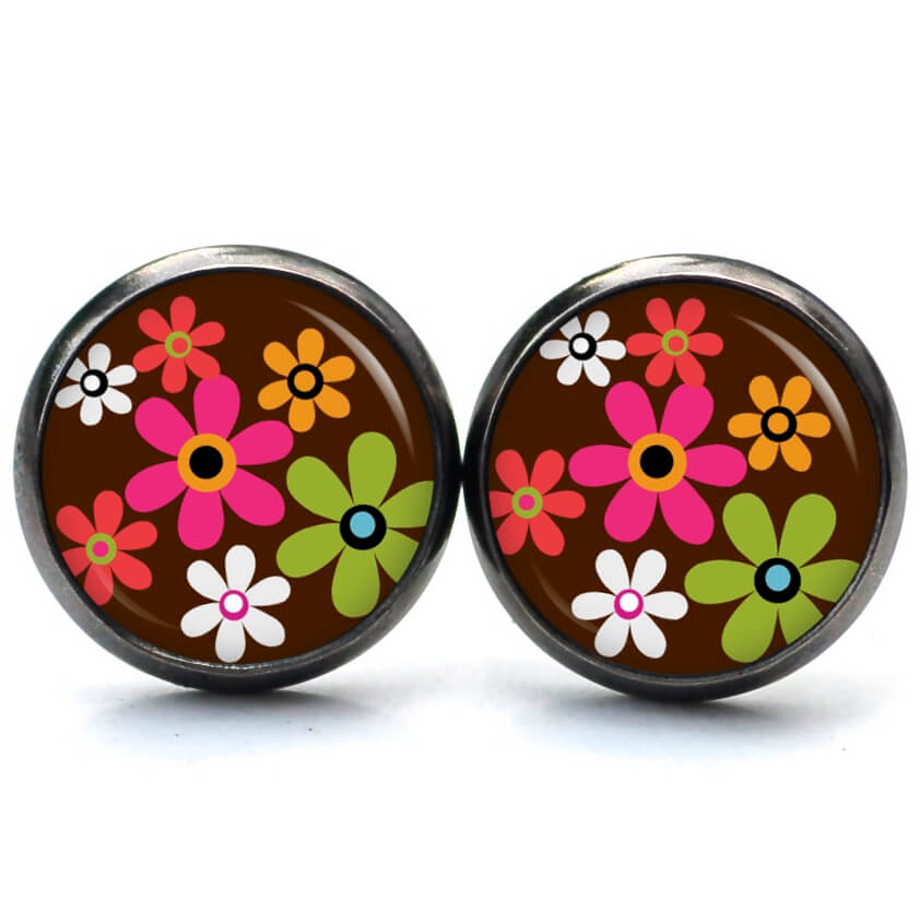 Ohrstecker, Ohrhänger, Clipse & Druckknopf – Motiv Hippie Blumen bunt mit braun – Schmuck aus Edelstahl Ohrstecker, Ohrhänger, Clipse & Druckknopf – Motiv Hippie Blumen bunt mit braun – Schmuck aus Edelstahl