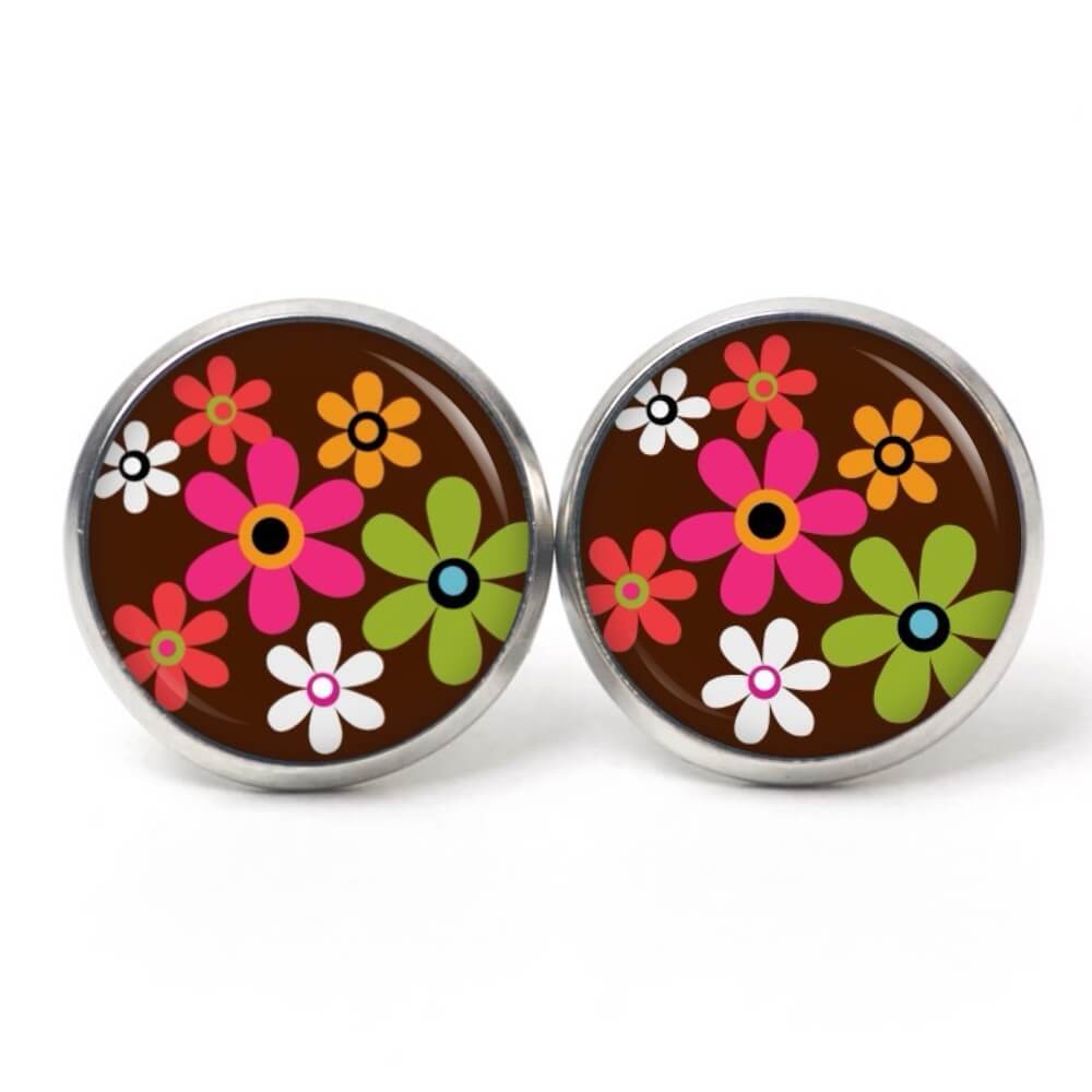Ohrstecker, Ohrhänger, Clipse & Druckknopf – Motiv Hippie Blumen bunt mit braun – Schmuck aus Edelstahl Ohrstecker, Ohrhänger, Clipse & Druckknopf – Motiv Hippie Blumen bunt mit braun – Schmuck aus Edelstahl