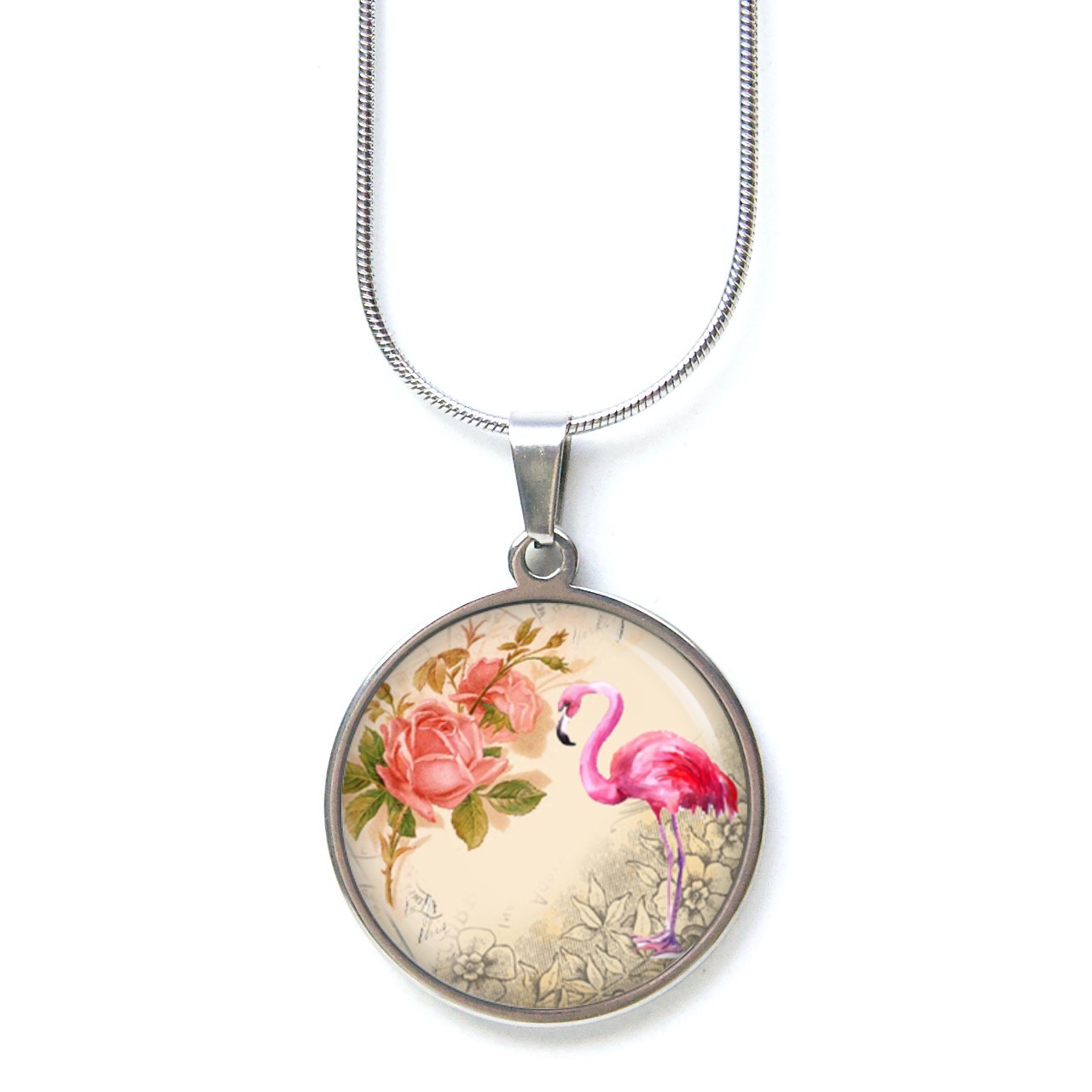 Edelstahl Kette rosa Flamingos mit zart rosa Blumen Edelstahl Kette rosa Flamingos mit zart rosa Blumen