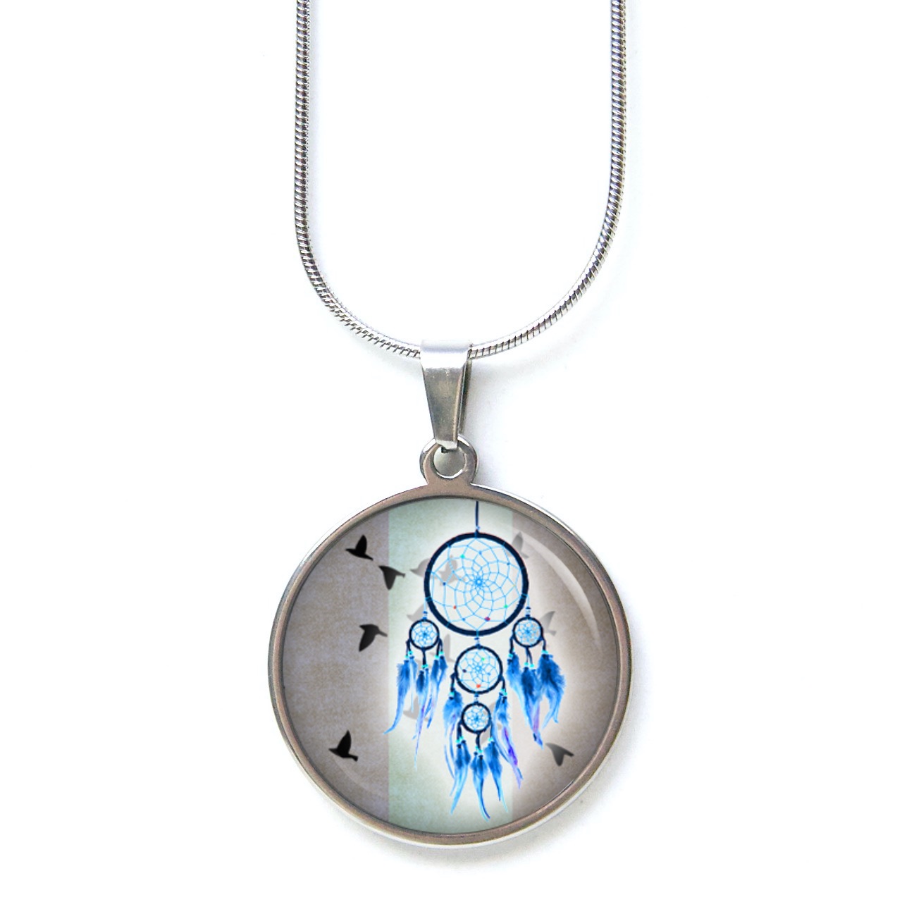 Edelstahl Kette großer Traumfänger in blau mit Vögeln Edelstahl Kette großer Traumfänger in blau mit Vögeln