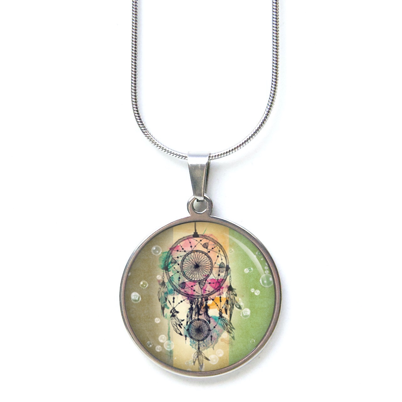 Edelstahl Kette rosa türkiser Traumfänger im khaki grün Edelstahl Kette rosa türkiser Traumfänger im khaki grün