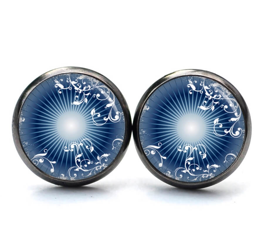 Ohrstecker, Ohrhänger, Clipse & Druckknopf – Motiv dunkelblaues Ornament Muster – Schmuck aus Edelstahl Ohrstecker, Ohrhänger, Clipse & Druckknopf – Motiv dunkelblaues Ornament Muster – Schmuck aus Edelstahl
