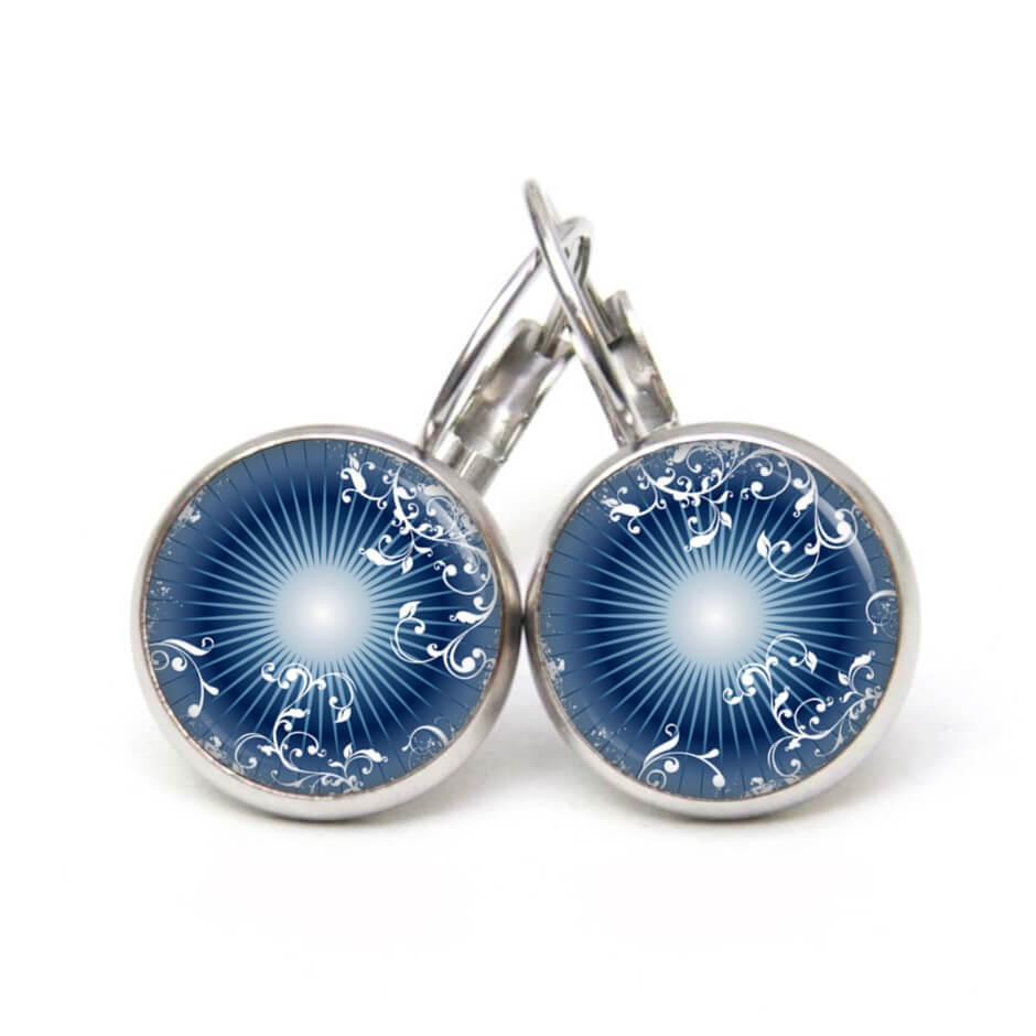 Ohrstecker, Ohrhänger, Clipse & Druckknopf – Motiv dunkelblaues Ornament Muster – Schmuck aus Edelstahl Ohrstecker, Ohrhänger, Clipse & Druckknopf – Motiv dunkelblaues Ornament Muster – Schmuck aus Edelstahl