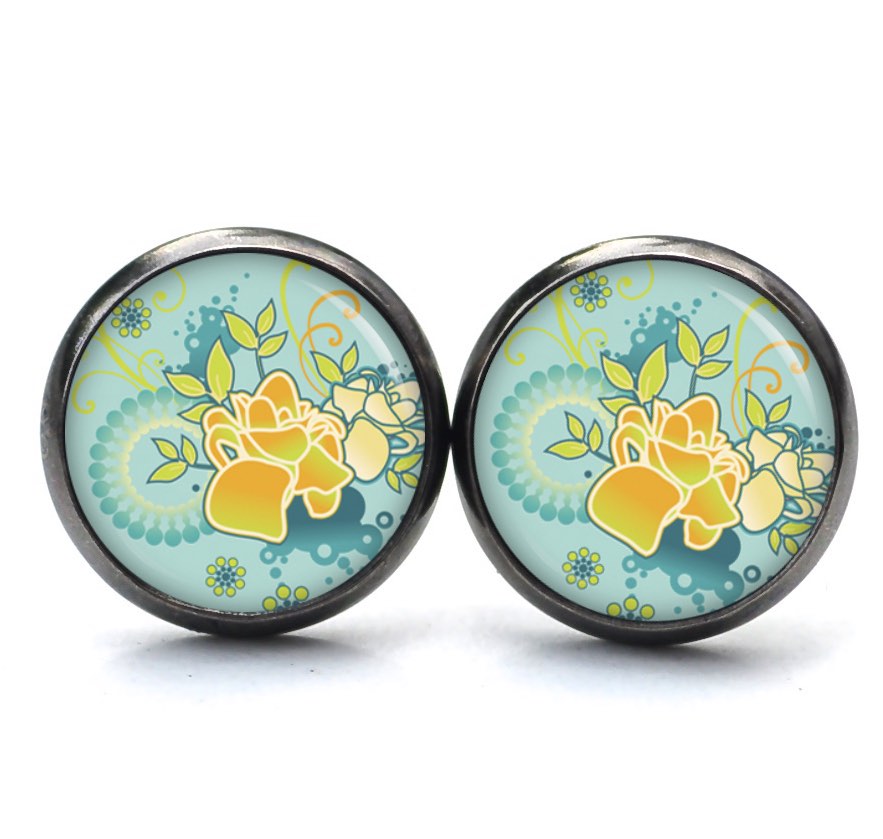 Ohrstecker, Ohrhänger, Clipse & Druckknopf – Motiv Türkis gelbe Blumen – Schmuck aus Edelstahl Ohrstecker, Ohrhänger, Clipse & Druckknopf – Motiv Türkis gelbe Blumen – Schmuck aus Edelstahl