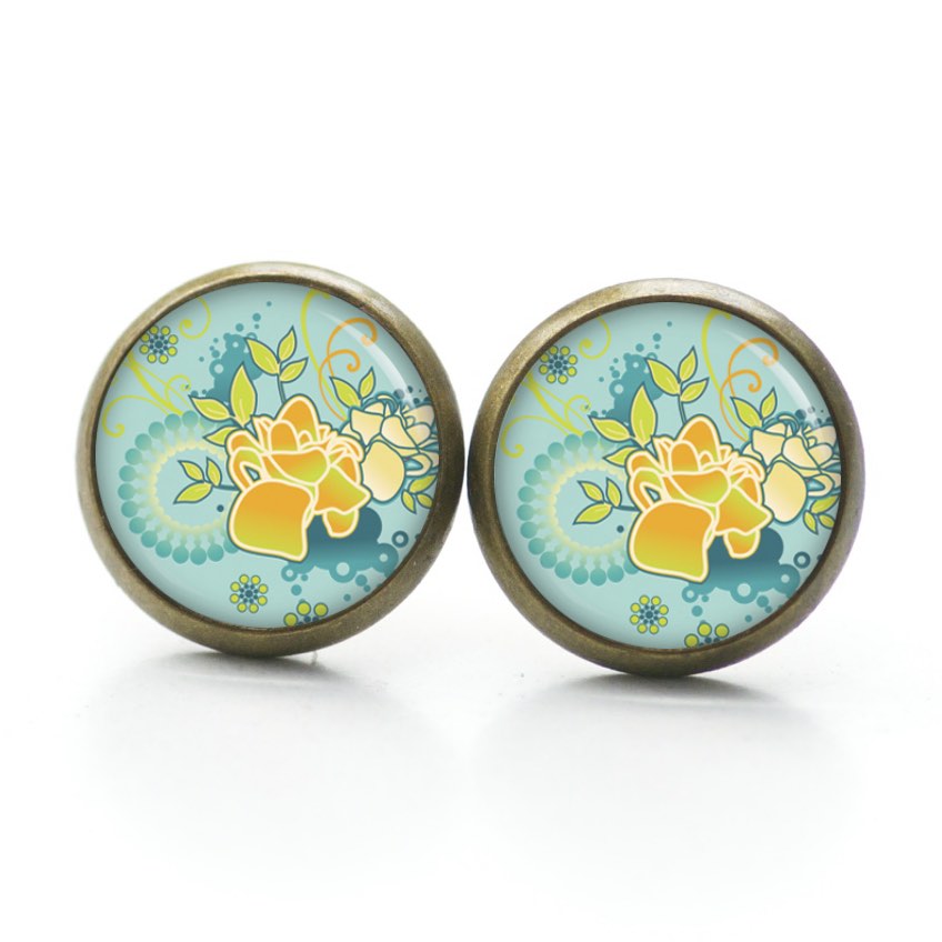 Ohrstecker, Ohrhänger, Clipse & Druckknopf – Motiv Türkis gelbe Blumen – Schmuck aus Edelstahl Ohrstecker, Ohrhänger, Clipse & Druckknopf – Motiv Türkis gelbe Blumen – Schmuck aus Edelstahl