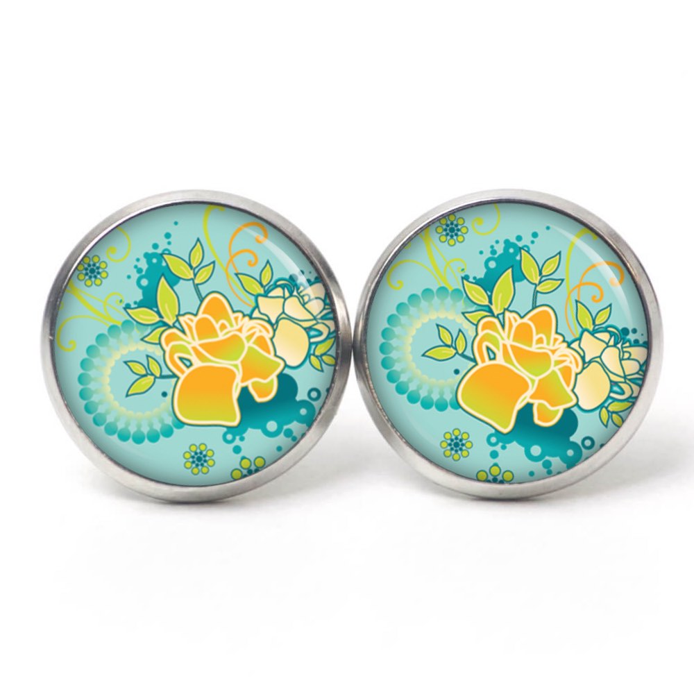 Ohrstecker, Ohrhänger, Clipse & Druckknopf – Motiv Türkis gelbe Blumen – Schmuck aus Edelstahl Ohrstecker, Ohrhänger, Clipse & Druckknopf – Motiv Türkis gelbe Blumen – Schmuck aus Edelstahl