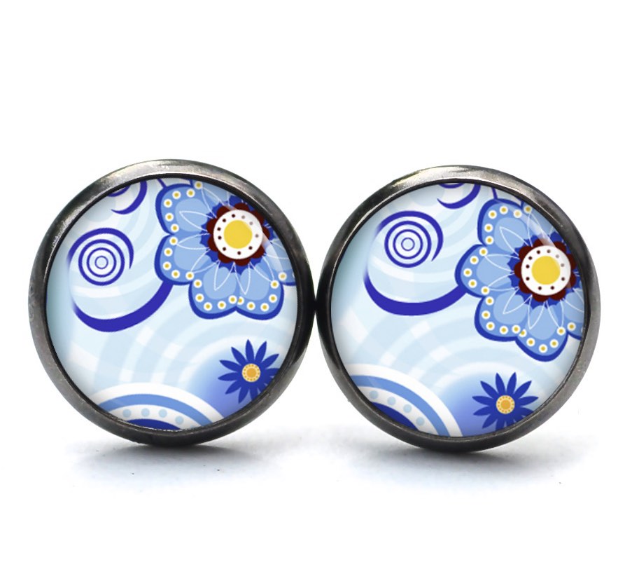 Ohrstecker, Ohrhänger, Clipse & Druckknopf – Motiv blau gelbe Blumen – Schmuck aus Edelstahl Ohrstecker, Ohrhänger, Clipse & Druckknopf – Motiv blau gelbe Blumen – Schmuck aus Edelstahl