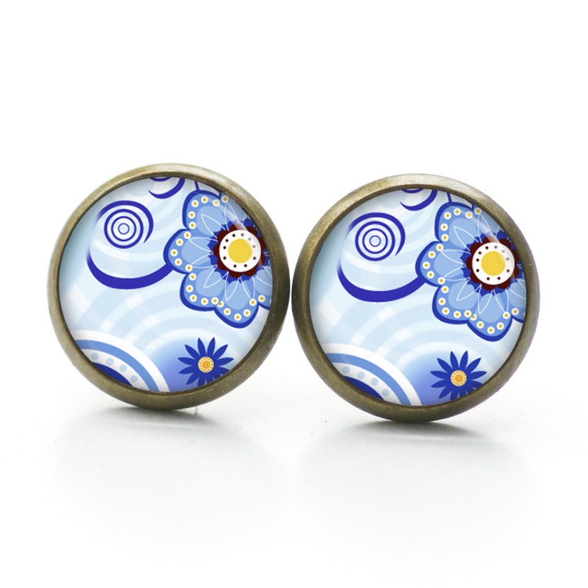 Ohrstecker, Ohrhänger, Clipse & Druckknopf – Motiv blau gelbe Blumen – Schmuck aus Edelstahl Ohrstecker, Ohrhänger, Clipse & Druckknopf – Motiv blau gelbe Blumen – Schmuck aus Edelstahl