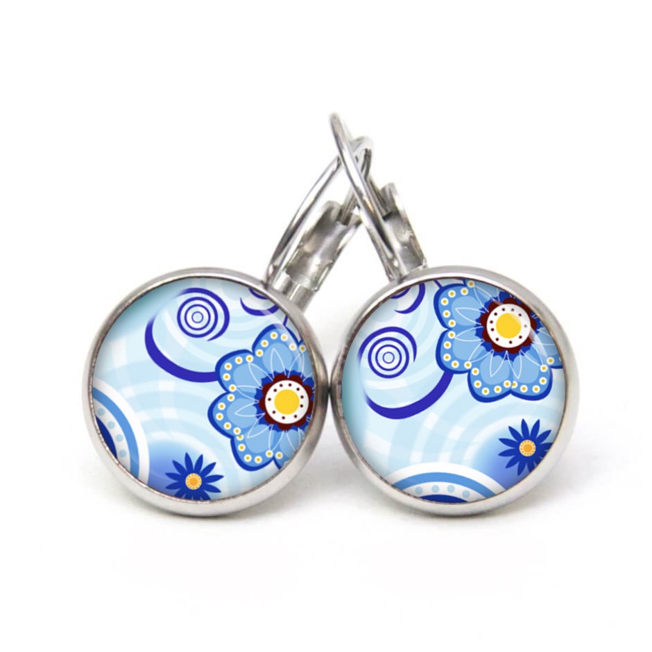 Ohrstecker, Ohrhänger, Clipse & Druckknopf – Motiv blau gelbe Blumen – Schmuck aus Edelstahl Ohrstecker, Ohrhänger, Clipse & Druckknopf – Motiv blau gelbe Blumen – Schmuck aus Edelstahl