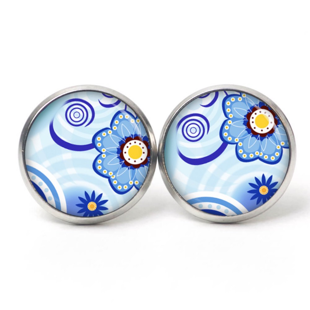 Ohrstecker, Ohrhänger, Clipse & Druckknopf – Motiv blau gelbe Blumen – Schmuck aus Edelstahl Ohrstecker, Ohrhänger, Clipse & Druckknopf – Motiv blau gelbe Blumen – Schmuck aus Edelstahl