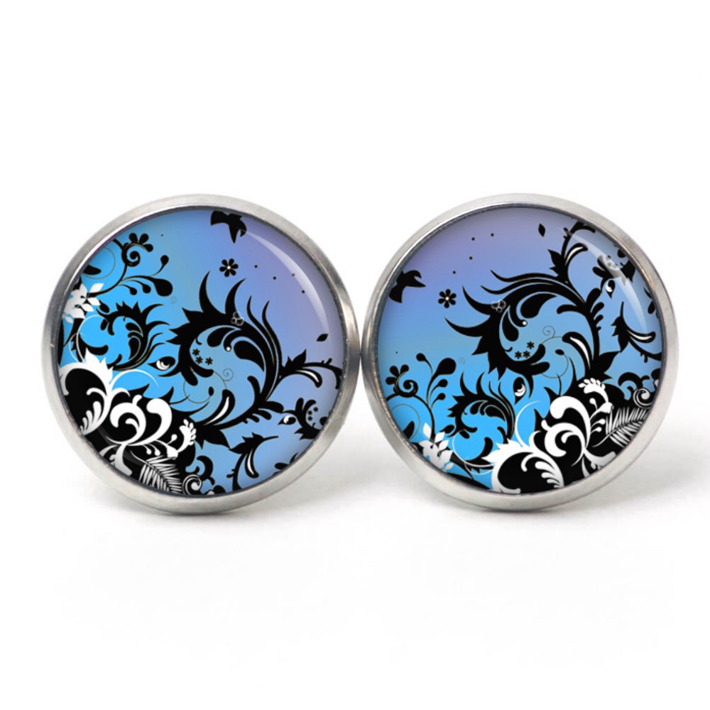 Ohrstecker, Ohrhänger, Clipse & Druckknopf – Motiv wildes Muster blau lila schwarz – Schmuck aus Edelstahl Ohrstecker, Ohrhänger, Clipse & Druckknopf – Motiv wildes Muster blau lila schwarz – Schmuck aus Edelstahl
