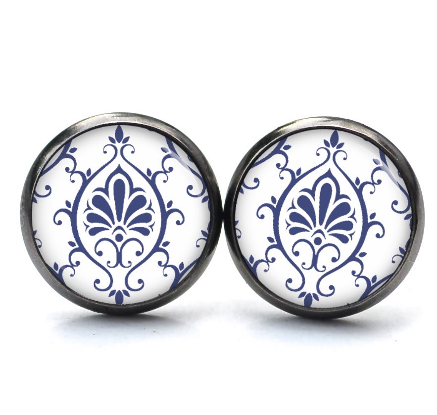 Ohrstecker, Ohrhänger, Clipse & Druckknopf – Motiv weiß blaues Ornament – Schmuck aus Edelstahl Ohrstecker, Ohrhänger, Clipse & Druckknopf – Motiv weiß blaues Ornament – Schmuck aus Edelstahl