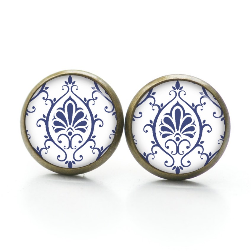 Ohrstecker, Ohrhänger, Clipse & Druckknopf – Motiv weiß blaues Ornament – Schmuck aus Edelstahl Ohrstecker, Ohrhänger, Clipse & Druckknopf – Motiv weiß blaues Ornament – Schmuck aus Edelstahl