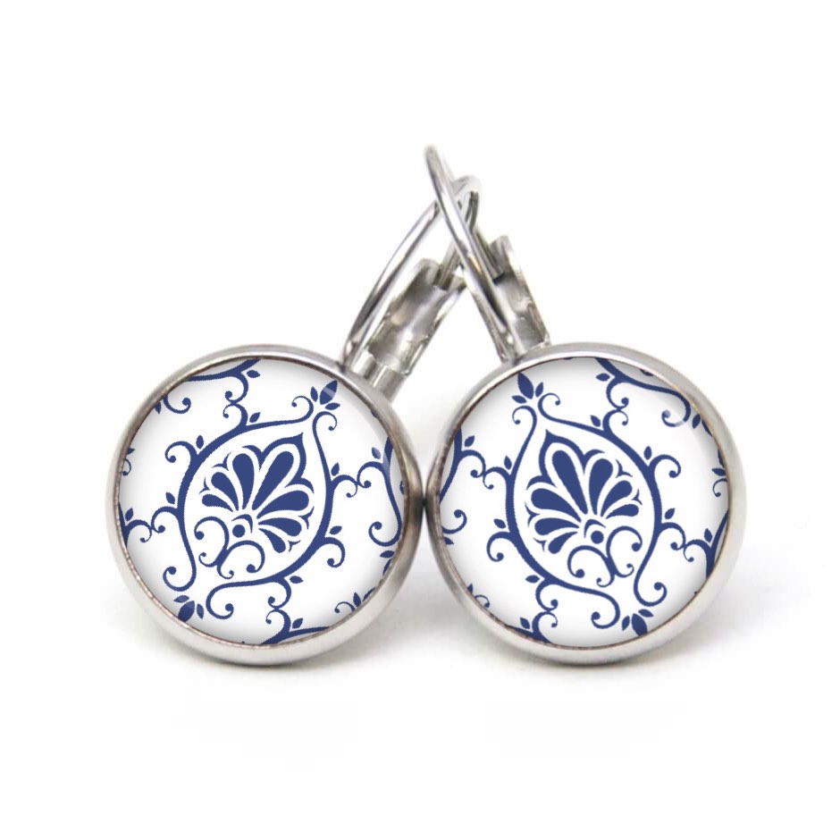 Ohrstecker, Ohrhänger, Clipse & Druckknopf – Motiv weiß blaues Ornament – Schmuck aus Edelstahl Ohrstecker, Ohrhänger, Clipse & Druckknopf – Motiv weiß blaues Ornament – Schmuck aus Edelstahl