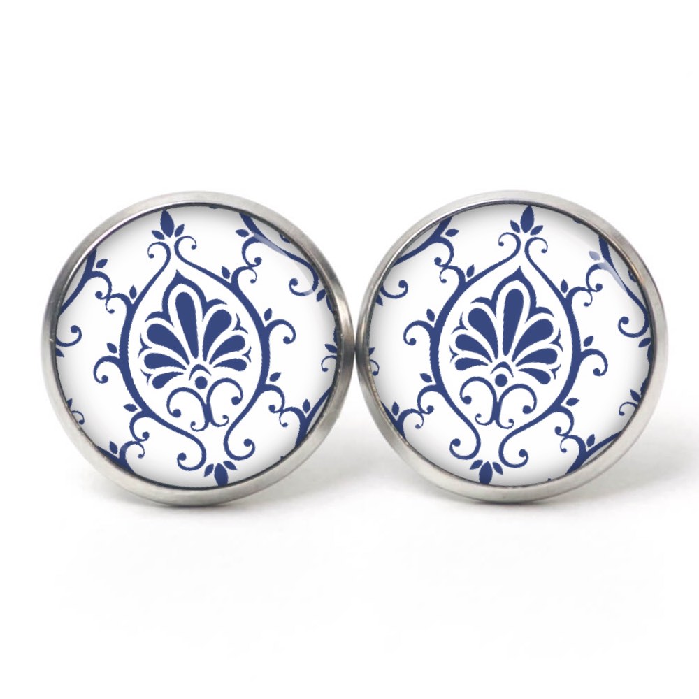 Ohrstecker, Ohrhänger, Clipse & Druckknopf – Motiv weiß blaues Ornament – Schmuck aus Edelstahl Ohrstecker, Ohrhänger, Clipse & Druckknopf – Motiv weiß blaues Ornament – Schmuck aus Edelstahl