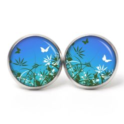 Ohrstecker, Ohrhänger, Clipse & Druckknopf – Motiv Blumenwiese mit Schmetterling blau – Schmuck aus Edelstahl