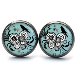 Ohrstecker, Ohrhänger, Clipse & Druckknopf – Motiv schwarz weißes Ornament mit einem Vogel – Schmuck aus Edelstahl