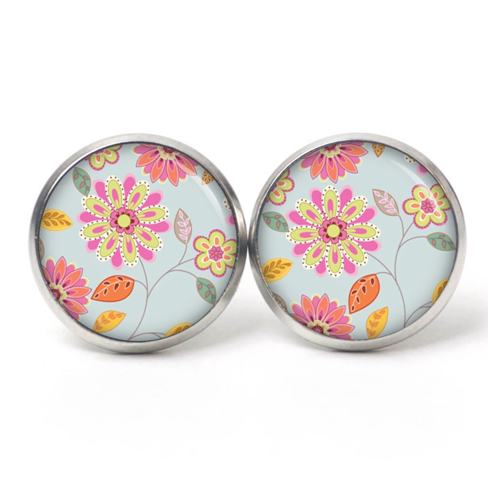 Ohrstecker, Ohrhänger, Clipse & Druckknopf – Motiv Türkis rosa Blumen im Vintage Stil – Schmuck aus Edelstahl Ohrstecker, Ohrhänger, Clipse & Druckknopf – Motiv Türkis rosa Blumen im Vintage Stil – Schmuck aus Edelstahl