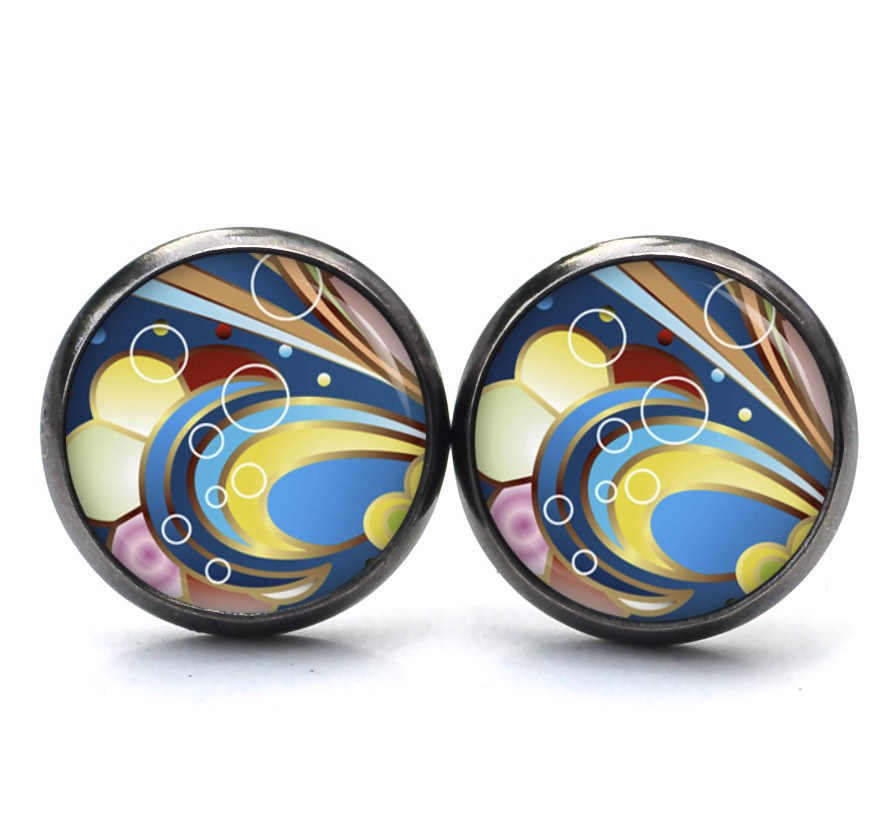 Ohrstecker, Ohrhänger, Clipse & Druckknopf – Motiv wildes buntes Muster 70er Jahre – Schmuck aus Edelstahl Ohrstecker, Ohrhänger, Clipse & Druckknopf – Motiv wildes buntes Muster 70er Jahre – Schmuck aus Edelstahl
