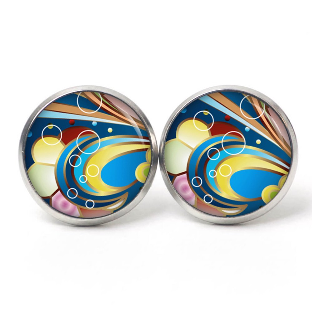 Ohrstecker, Ohrhänger, Clipse & Druckknopf – Motiv wildes buntes Muster 70er Jahre – Schmuck aus Edelstahl Ohrstecker, Ohrhänger, Clipse & Druckknopf – Motiv wildes buntes Muster 70er Jahre – Schmuck aus Edelstahl
