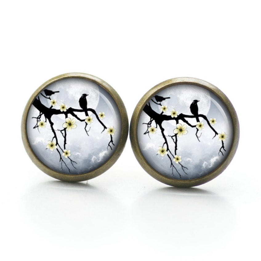 Druckknopf Ohrstecker Ohrhänger Vögel bei Nacht Druckknopf Ohrstecker Ohrhänger Vögel bei Nacht