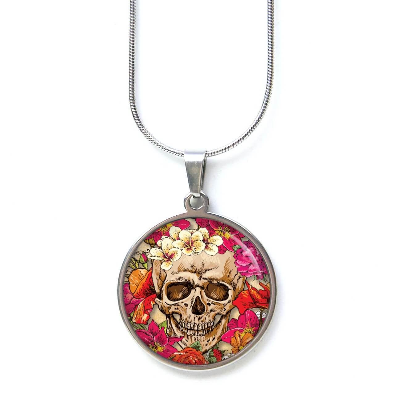 Edelstahl Kette Totenkopf mit Blumen Frühling Rosarot orange Edelstahl Kette Totenkopf mit Blumen Frühling Rosarot orange