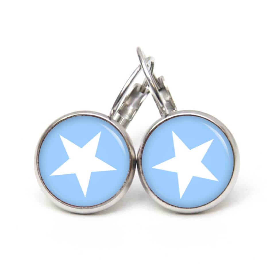 Ohrstecker, Ohrhänger, Clipse & Druckknopf – Motiv hellblauer weißer Stern – Schmuck aus Edelstahl Ohrstecker, Ohrhänger, Clipse & Druckknopf – Motiv hellblauer weißer Stern – Schmuck aus Edelstahl
