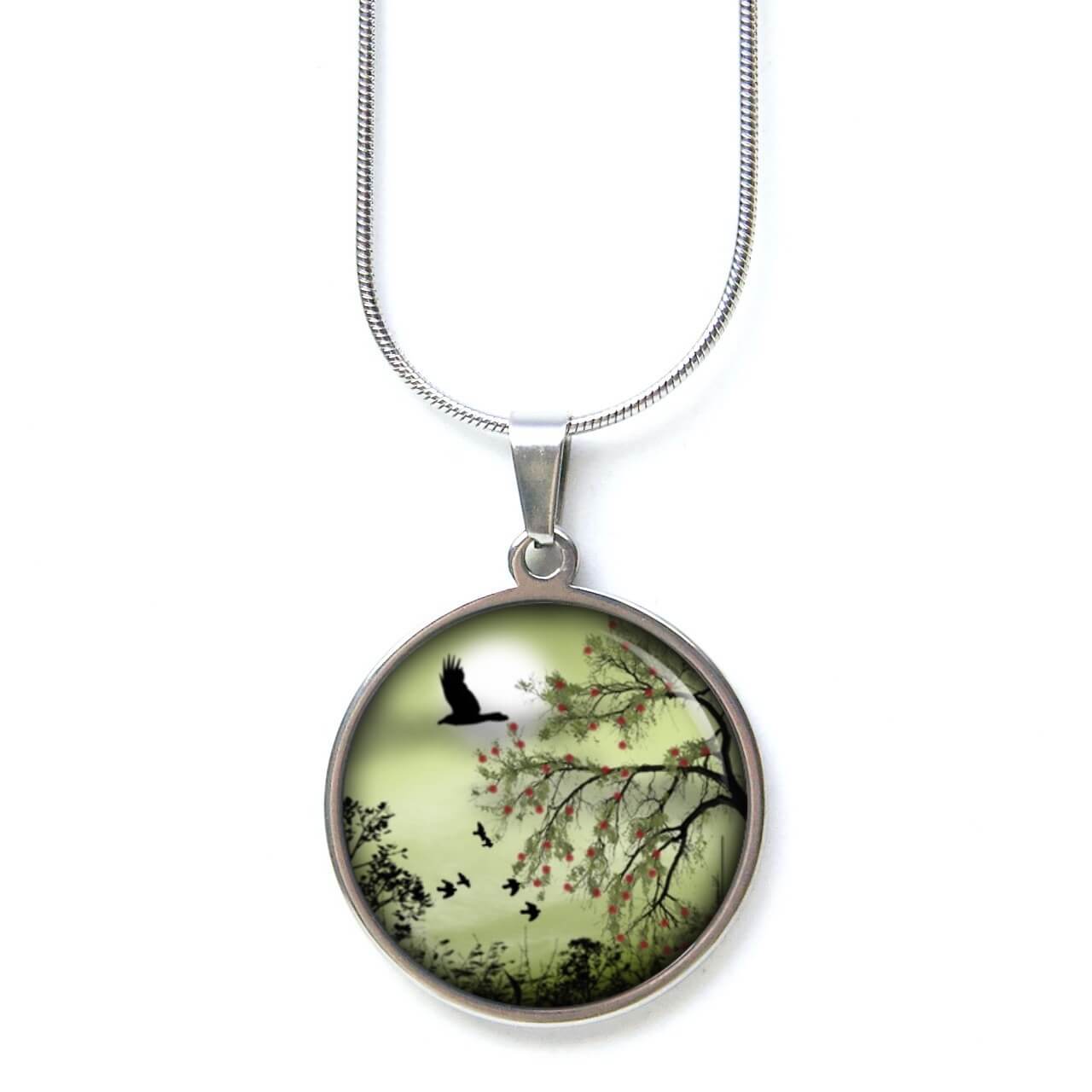 Edelstahl Kette mit Gänsen und Vögeln Landschaft Baum Grün Edelstahl Kette mit Gänsen und Vögeln Landschaft Baum Grün
