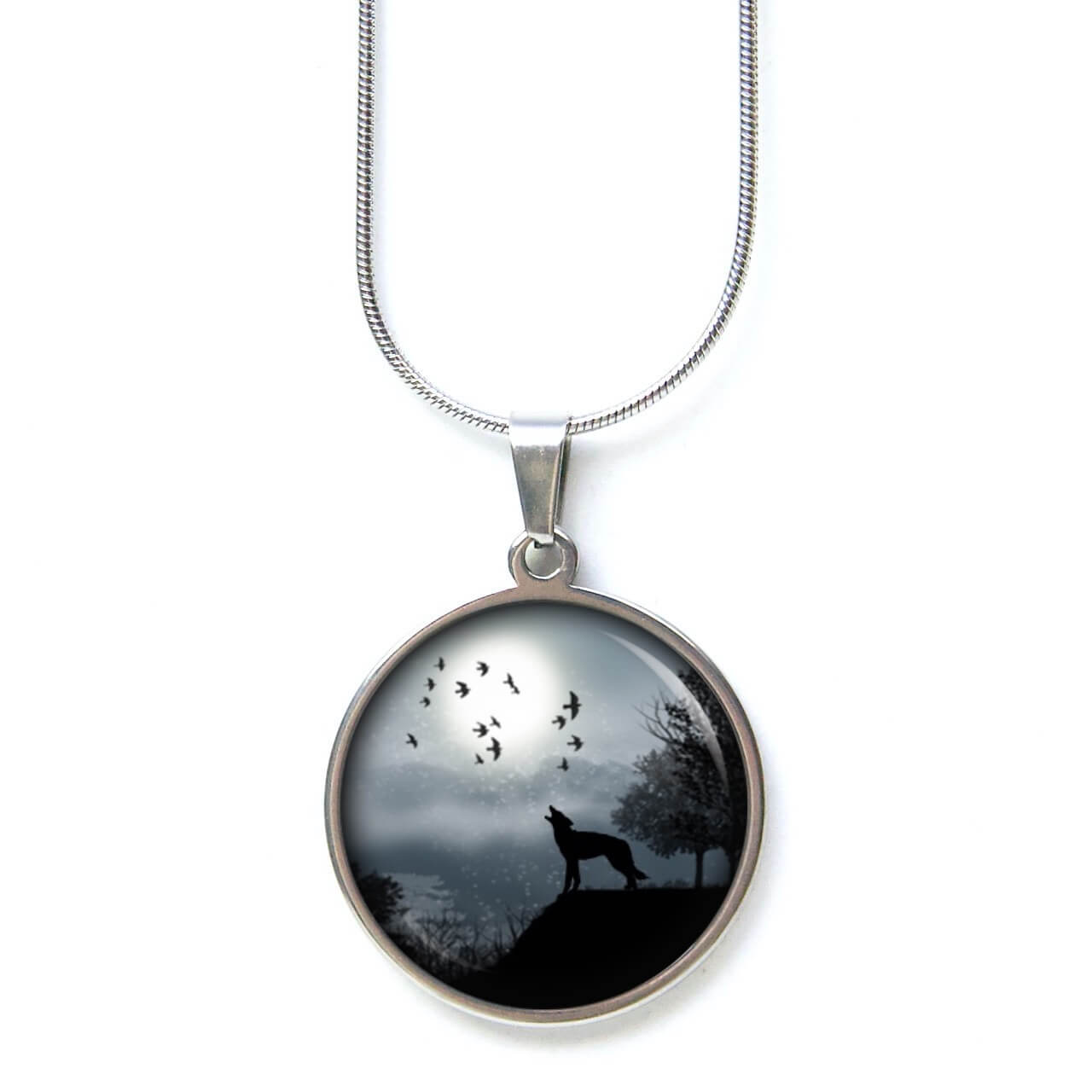 Edelstahl Kette heulender Wolf mit Vollmond und Vögeln Edelstahl Kette heulender Wolf mit Vollmond und Vögeln