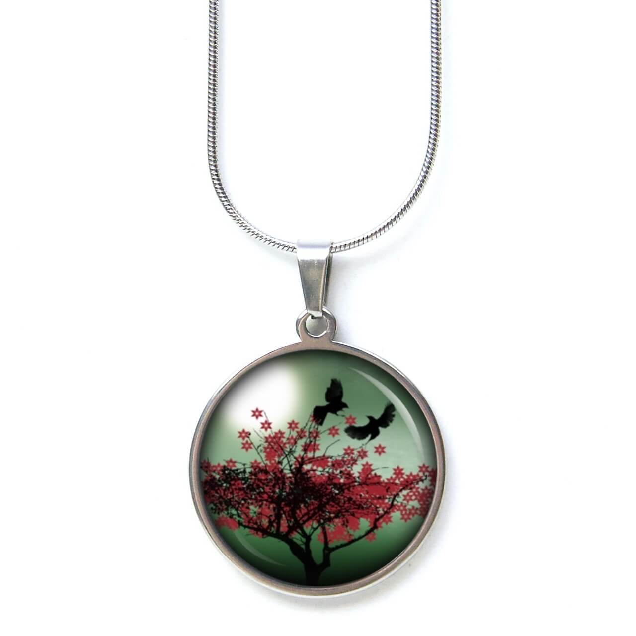 Edelstahl Kette Greifvögel mit großem rotem Baum in grün Edelstahl Kette Greifvögel mit großem rotem Baum in grün