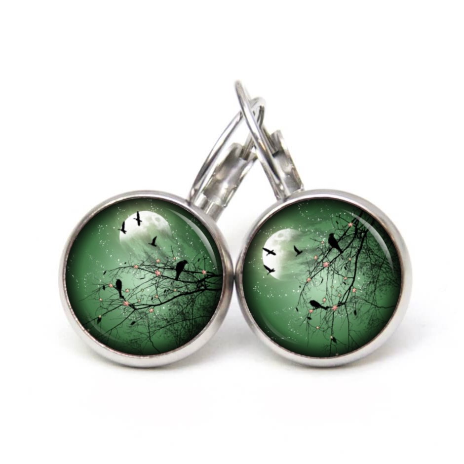 Druckknopf Ohrstecker Ohrhänger Vollmond Grün Druckknopf Ohrstecker Ohrhänger Vollmond Grün