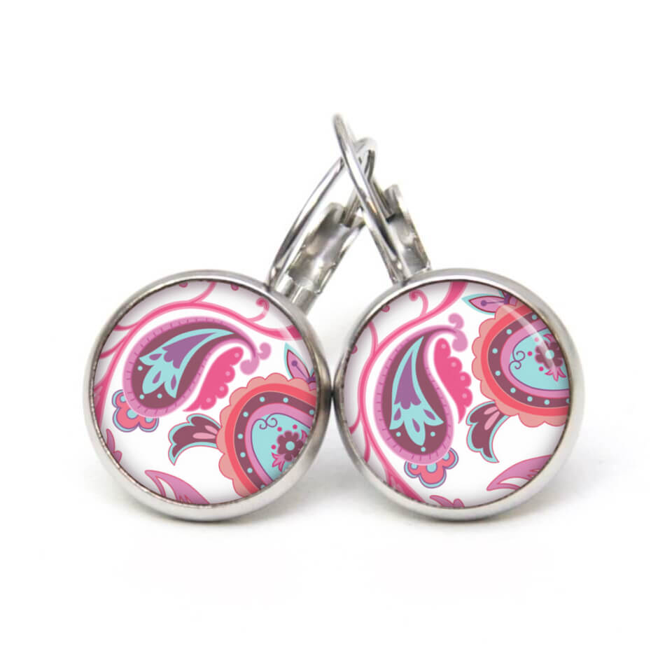Ohrstecker, Ohrhänger, Clipse & Druckknopf – Motiv Paisley Rosa Türkis – Schmuck aus Edelstahl Ohrstecker, Ohrhänger, Clipse & Druckknopf – Motiv Paisley Rosa Türkis – Schmuck aus Edelstahl