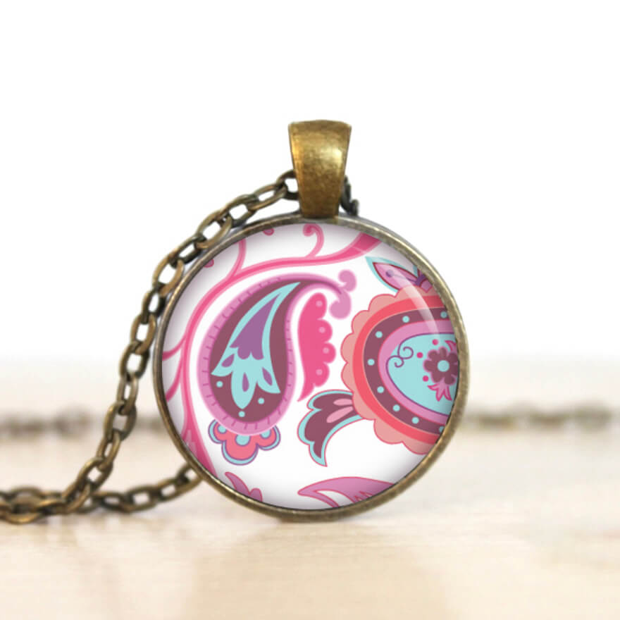 Ohrstecker, Ohrhänger, Clipse & Druckknopf – Motiv Paisley Rosa Türkis – Schmuck aus Edelstahl Ohrstecker, Ohrhänger, Clipse & Druckknopf – Motiv Paisley Rosa Türkis – Schmuck aus Edelstahl