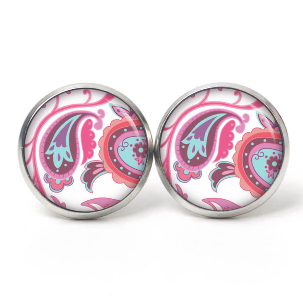 Ohrstecker, Ohrhänger, Clipse & Druckknopf – Motiv Paisley Rosa Türkis – Schmuck aus Edelstahl Ohrstecker, Ohrhänger, Clipse & Druckknopf – Motiv Paisley Rosa Türkis – Schmuck aus Edelstahl