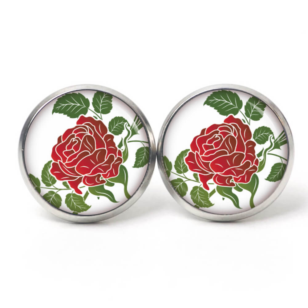 Ohrstecker, Ohrhänger, Clipse & Druckknopf – Motiv Romantische Rote Rose – Schmuck aus Edelstahl Ohrstecker, Ohrhänger, Clipse & Druckknopf – Motiv Romantische Rote Rose – Schmuck aus Edelstahl