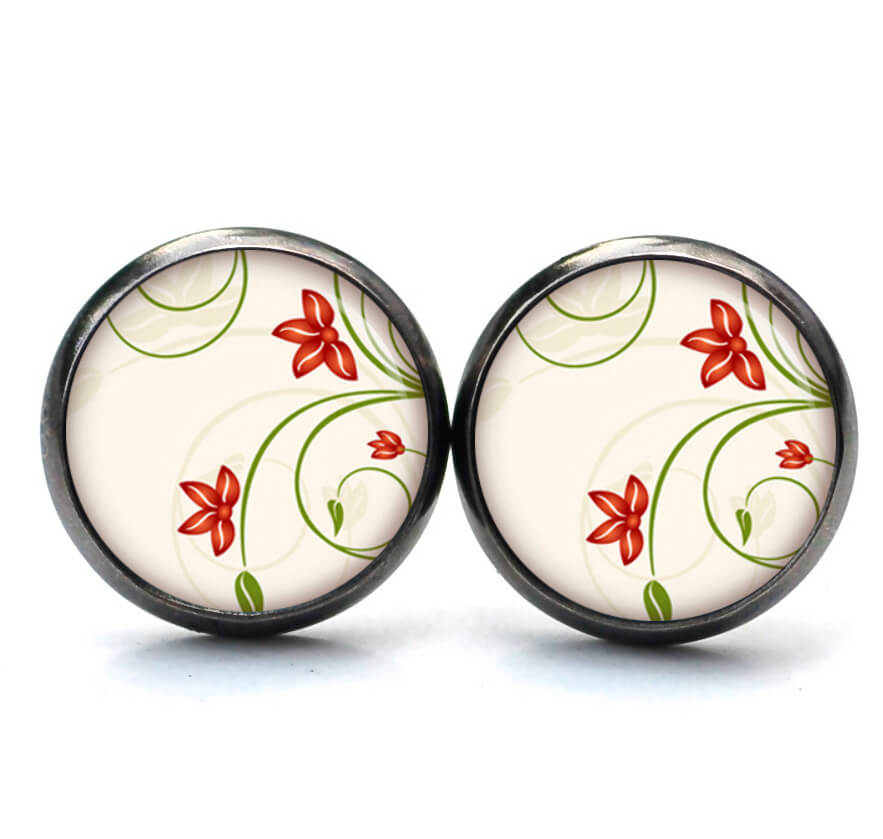 Ohrstecker, Ohrhänger, Clipse & Druckknopf – Motiv Zarte Blütenranken Creme Rot – Schmuck aus Edelstahl Ohrstecker, Ohrhänger, Clipse & Druckknopf – Motiv Zarte Blütenranken Creme Rot – Schmuck aus Edelstahl