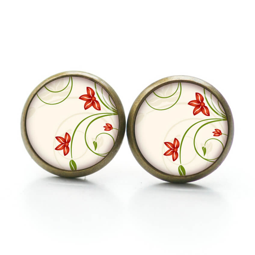 Ohrstecker, Ohrhänger, Clipse & Druckknopf – Motiv Zarte Blütenranken Creme Rot – Schmuck aus Edelstahl Ohrstecker, Ohrhänger, Clipse & Druckknopf – Motiv Zarte Blütenranken Creme Rot – Schmuck aus Edelstahl