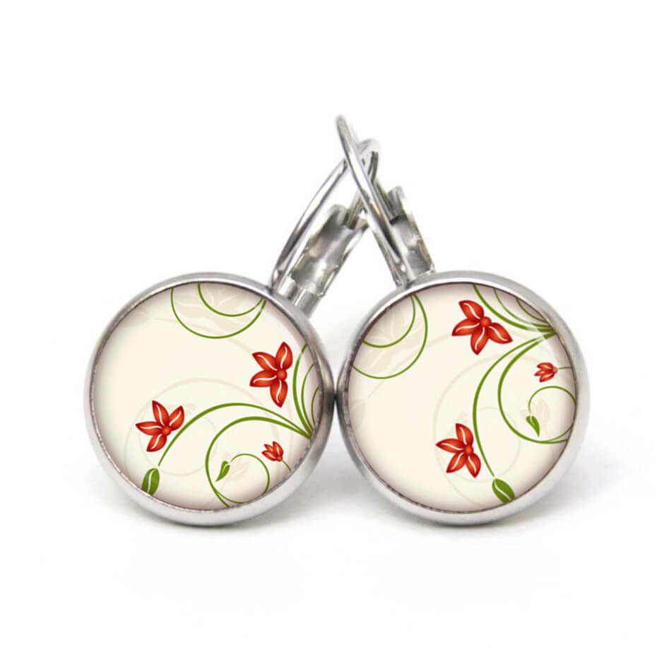 Ohrstecker, Ohrhänger, Clipse & Druckknopf – Motiv Zarte Blütenranken Creme Rot – Schmuck aus Edelstahl Ohrstecker, Ohrhänger, Clipse & Druckknopf – Motiv Zarte Blütenranken Creme Rot – Schmuck aus Edelstahl
