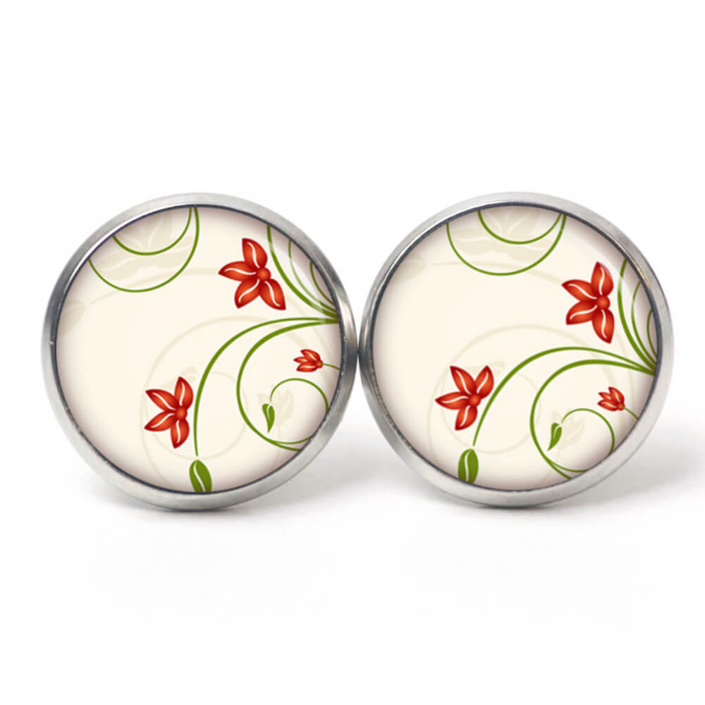 Ohrstecker, Ohrhänger, Clipse & Druckknopf – Motiv Zarte Blütenranken Creme Rot – Schmuck aus Edelstahl Ohrstecker, Ohrhänger, Clipse & Druckknopf – Motiv Zarte Blütenranken Creme Rot – Schmuck aus Edelstahl