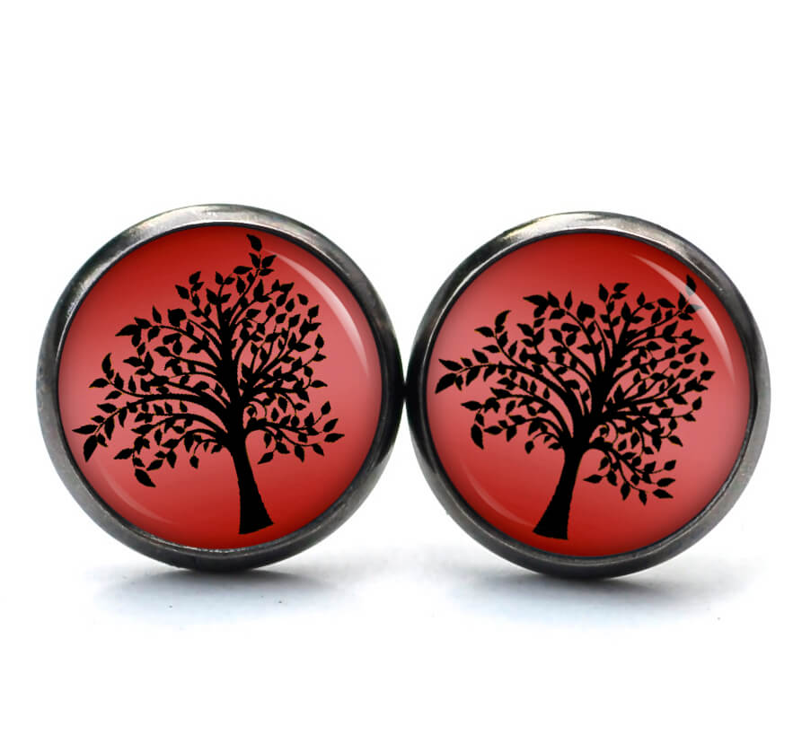 Ohrstecker, Ohrhänger, Clipse & Druckknopf – Motiv großer Baum Rot Schwarz – Schmuck aus Edelstahl Ohrstecker, Ohrhänger, Clipse & Druckknopf - Motiv großer Baum Rot Schwarz - Schmuck aus Edelstahl