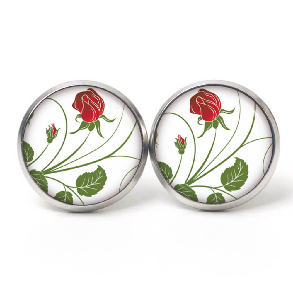 Ohrstecker, Ohrhänger, Clipse & Druckknopf – Motiv Romantische rote Rose – Schmuck aus Edelstahl Ohrstecker, Ohrhänger, Clipse & Druckknopf – Motiv Romantische rote Rose – Schmuck aus Edelstahl
