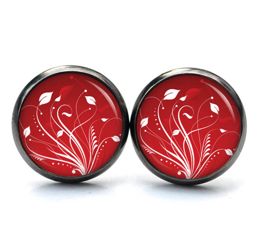 Ohrstecker, Ohrhänger, Clipse & Druckknopf – Motiv Elegante Blütenranken Rot Weiß – Schmuck aus Edelstahl Ohrstecker, Ohrhänger, Clipse & Druckknopf – Motiv Elegante Blütenranken Rot Weiß – Schmuck aus Edelstahl