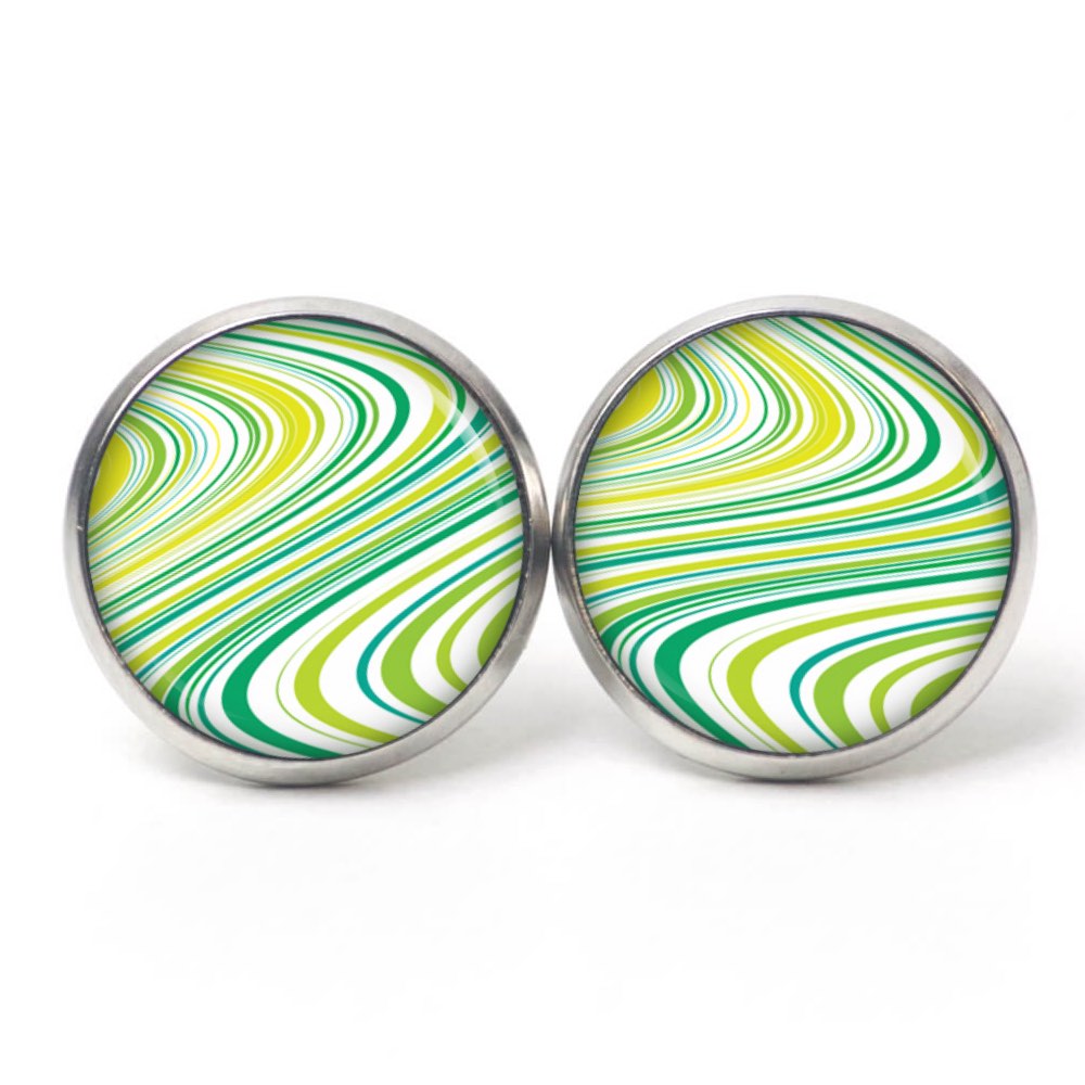 Ohrstecker, Ohrhänger, Clipse & Druckknopf – Motiv grüne retro Wellen – Schmuck aus Edelstahl Ohrstecker, Ohrhänger, Clipse & Druckknopf – Motiv grüne retro Wellen – Schmuck aus Edelstahl